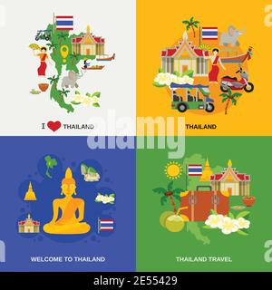 Thailandia icone di concetto turistico insieme con visite turistiche cibo tradizionale e. illustrazione vettoriale isolata piatta delle bevande Illustrazione Vettoriale