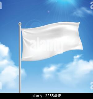 Bandiera bianca nel vento contro il cielo blu con immagine vettoriale astratta del banner di sfondo delle nuvole bianche Illustrazione Vettoriale