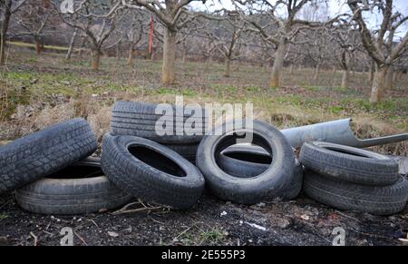 Pila di pneumatici usati in natura. Foto Stock