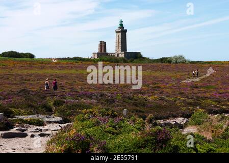 Faro Cap Frehel, Plevenon, Baia di Saint-Malo, Bretagna, Bretagna, Cotes-d'Armor, Francia, Europa Foto Stock