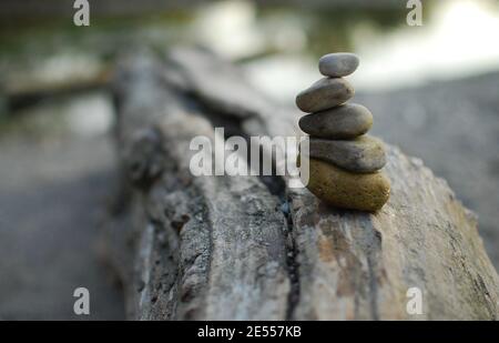 Pila di rocce precariosamente equilibrata su un pezzo di driftwood Foto Stock