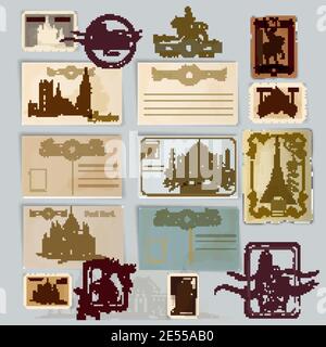 Cartoline di viaggio vintage e francobolli modello Set illustrazione vettoriale Illustrazione Vettoriale