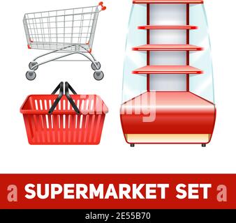 Set realistico supermercato con ripiani vuoti e carrello isolato illustrazione vettoriale Illustrazione Vettoriale