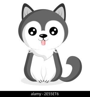 Il cane di razza Husky del cartone animato è seduto. Illustrazione vettoriale isolata su sfondo bianco. Illustrazione Vettoriale