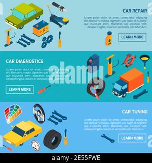 Riparazione e messa a punto della diagnostica dell'auto con parti e materiali di consumo isometrici gli striscioni orizzontali impostano l'illustrazione vettoriale isolata Illustrazione Vettoriale