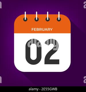 Giorno 2 febbraio. Numero due su carta bianca con bordo arancione su vettore di sfondo viola. Illustrazione Vettoriale