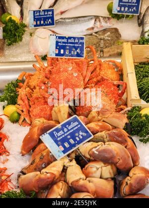 Granchi cotti e aragoste in vendita al mercato del pesce a Trouville-sur-Mer (Normandia, Francia) Foto Stock