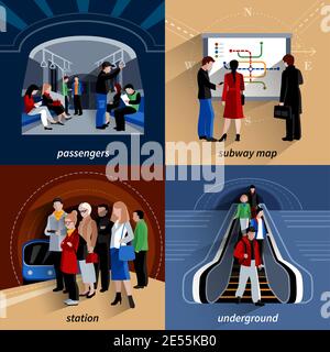 Stazione della metropolitana e linee della metropolitana schema mappa 4 appartamento icone banner quadrato illustrazione vettoriale isolata astratta Illustrazione Vettoriale