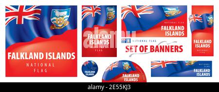 Serie vettoriale di striscioni con la bandiera nazionale del Isole Falkland Illustrazione Vettoriale