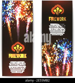 Festivo fuochi d'artificio 2 banner verticali con scintillanti palline stellari su sfondo nero immagine vettoriale astratta isolata Illustrazione Vettoriale