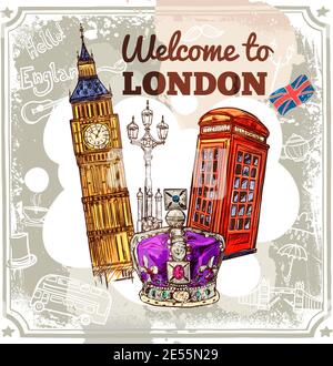 Poster di Wellcome to London con simboli e attrazioni turistiche illustrazione vettoriale Illustrazione Vettoriale