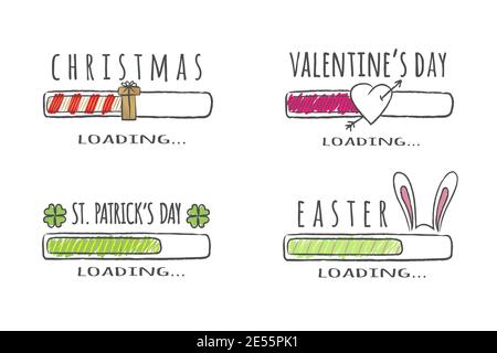 Set di giorni festivi Progress bar con iscrizioni - Natale, Pasqua, San Valentino, San Patrizio giorno di caricamento. Illustrazione vettoriale per il design della t-shirt Illustrazione Vettoriale