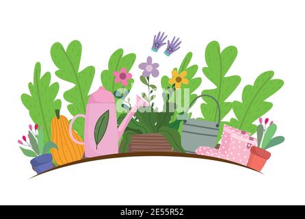 Giardinaggio, fiori piante foglie di zucca vasi annaffiatura lattine e stivali di plastica illustrazione vettoriale Illustrazione Vettoriale