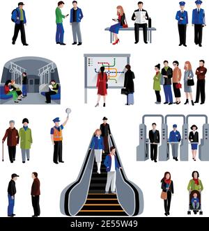 Metropolitana di transito rapido treni sistema di icone piatte insieme con i passeggeri illustrazione vettoriale isolata astratta su piattaforma piatta Illustrazione Vettoriale