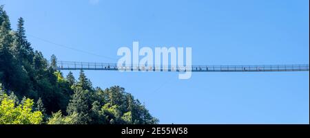 Vista panoramica del ponte a fune Highline179 a Gemeinde Reutte Austria Foto Stock