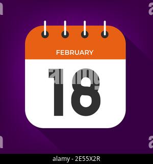 Giorno di febbraio 18. Numero diciotto su carta bianca con bordo di colore arancione su vettore di sfondo viola. Illustrazione Vettoriale