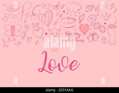 Carta rosa per San Valentino con doodles disegnati a mano. Illustrazione Vettoriale
