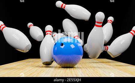 Rendering 3d di un attacco di bowling con skittle e una palla.immagine digitale illustrazione. Foto Stock