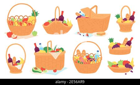 Cestini da picnic. Martelli in vimini con cibo e bottiglia di vino su coperta per pasti all'aperto. Cestino regalo di cartone animato con set vettoriale di frutta e spuntini Illustrazione Vettoriale