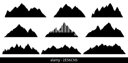 Silhouette di montagna. Forma del paesaggio roccioso. Escursioni montagne cime, colline e scogliere. Set vettoriale profilo astratto per montaggio su pietra Illustrazione Vettoriale