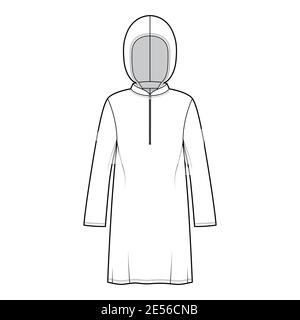 Modeste tuniche hijab tecnica moda con zip collo henley, maniche lunghe, oversize, lunghezza sotto il ginocchio, cappuccio. Mascherina anteriore per camicia piatta, colore bianco. Donne uomini Unisex CAD mockup Illustrazione Vettoriale