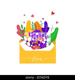 Lettera disegnata a mano con fiori per le icone di consegna. Pacchetti postali, lettere, buste di San Valentino. Pacchetto per il servizio di consegna online concetto. Isolato Illustrazione Vettoriale
