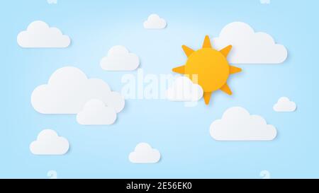 Carta sole e nuvole. Estate giorno di sole, cielo blu con nuvola bianca. Ambiente nuvoloso in stile taglio di carta. Bel tempo carta da parati vettoriale arte Illustrazione Vettoriale