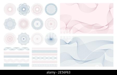 Filigrana denaro. Geometrie rotonde, spirali e astratte guillole sicure per passaporti o controlli. Serie di campiture spirografate e di bordi vettoriali Illustrazione Vettoriale