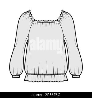 Blusa contadina illustrazione tecnica di moda con maniche lunghe bouffant, ampio scoop raccolto e orlo, oversize. Capo di abbigliamento a camicia piatta con mascherina frontale, colore grigio. Donne uomini Unisex CAD mockup Illustrazione Vettoriale