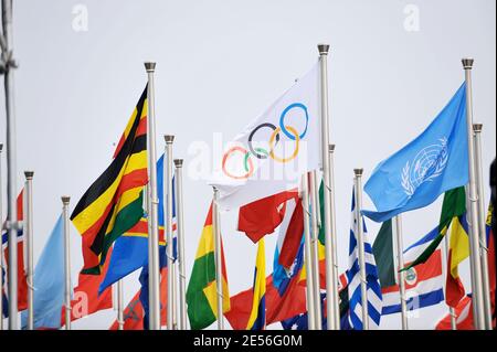 Atmosfera al Villaggio Olimpico durante l'incontro del Presidente francese Sarkozy con gli atleti olimpici francesi in vista della cerimonia di apertura, a Pechino, in Cina, l'8 agosto 2008. Foto di Gouhier-Hahn-Nebinger/ABACAPRESS.COM Foto Stock