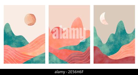 Montagne astratte. Paesaggio estetico minimalista con deserto, montagna, sole o luna. Stampa ad acquerello e carta testurizzata, poster vettoriali Illustrazione Vettoriale