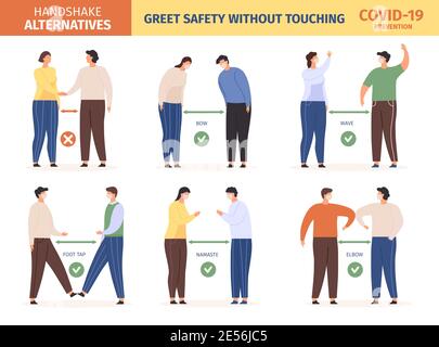 Messaggio di saluto sicuro. Le persone in maschere mantenere la distanza sociale e utilizzare saluto alternativo, fermare diffusione coronavirus. Evitare l'infografica del vettore di handshake Illustrazione Vettoriale