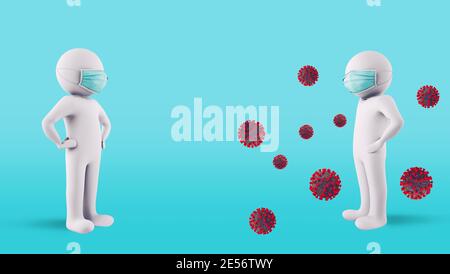 Concetto di protezione del contagio mantenendo le distanze sociali e indossando maschere facciali. Illustrazione 3D Foto Stock