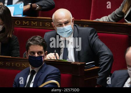 Segretario di Stato responsabile delle pensioni e della salute sul lavoro, Laurent Pietraszewski partecipa ad una sessione di interrogazioni al Governo all'Assemblea Nazionale Francese, 26 gennaio 2021 a Parigi, Francia. Foto di David Niviere/ABACAPRESS.COM Foto Stock