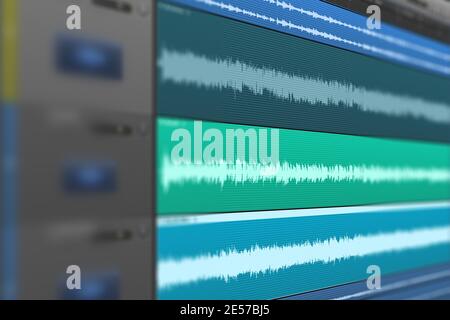 Immagine dell'onda audio multitraccia sul monitor. Registrazione, mixaggio e masterizzazione in studio. Foto Stock