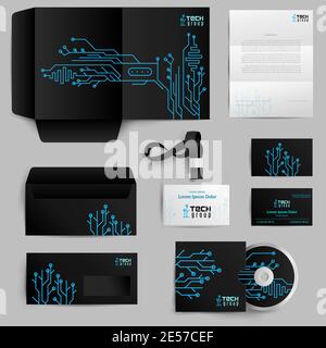 Elementi realistici per l'identità aziendale impostati con vettore isolato di modelli tecnologici illustrazione Illustrazione Vettoriale