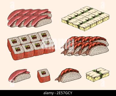 Rotolo giapponese. Sushi bar. Maniglie per bacchette. Stile monocromatico. Schizzo inciso disegnato per menu. Cibo asiatico. Illustrazione Vettoriale