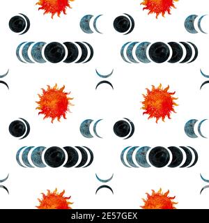 Motivo senza cuciture disegnato a mano con sole e luna su sfondo bianco. Astrologia sfondo. Pianeti e spazio, moon fasi illustrazione Design Foto Stock