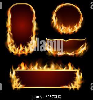 Fuoco bruciante fotogrammi realistici impostati su sfondo nero vettore isolato illustrazione Illustrazione Vettoriale