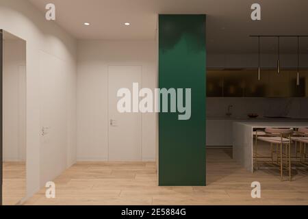 Design interno dell'appartamento in colori chiari. Visualizzazione realistica 3D al computer degli interni della cucina e della sala in uno stile moderno. Dayli Foto Stock