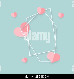 Primo piano di una cornice bianca geometrica astratta poligonale con cuori rosa. Modello banner di testo vuoto per il giorno di San Valentino. Cornice in poliedro con elemento di design per biglietti di invito per matrimoni. Illustrazione vettoriale Illustrazione Vettoriale