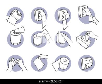 Tenere le mani e utilizzare carta igienica e carta igienica. Illustrazioni vettoriali della mano che tiene, tira, e che ottiene la carta igienica dal supporto. Dito che afferra a. Illustrazione Vettoriale