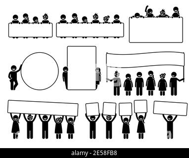 Felici i bambini che tengono e posano dietro le bandiere vuote attaccano le icone delle figure. Illustrazioni vettoriali di giovani o bambini che portano grandi poste bianche Illustrazione Vettoriale