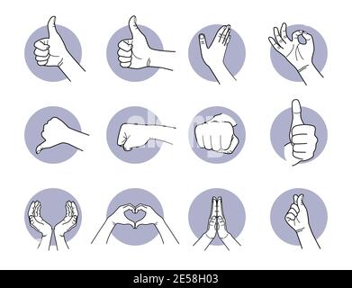 Bene, amore, e come gesti delle mani. Illustrazioni vettoriali di gesti con le mani e le dita che mostrano il pollice su, il pollice giù, il cuore, l'amore, il pugno e lo schiaffo. Illustrazione Vettoriale