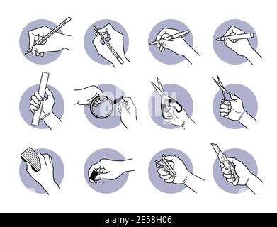 Utilizzo manuale di attrezzi e attrezzature per cancelleria. Illustrazioni vettoriali di scrittura con penna e pennarello, disegno con matita, taglio con forbici e lama, e Illustrazione Vettoriale