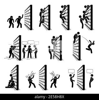 Persone con un bastone da parete figure pittogramma icone. Illustrazione vettoriale di persone che si arrampicano su un muro e che si levano sull'altro lato del muro. Illustrazione Vettoriale