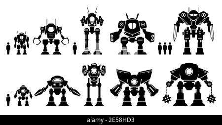 Robot gigante Mecha o battaglia bot set collezione. Icone vettoriali illustrazioni di gigantesche macchine meccaniche o grandi robot meccanici per guerra e militari. Rob Illustrazione Vettoriale