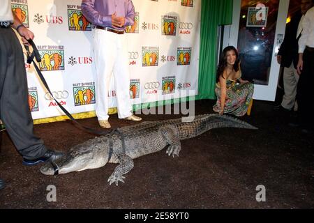 Kelly Hu arriva all'undicesima edizione del Best Buddies Gala e fa amicizia con alcuni animali selvatici locali. Il Gala, che sostiene le persone con disabilità intellettuali in tutto il mondo, è una serata indimenticabile di dono, amicizia e divertimento al Bicentennial Park di Miami. Quest'anno [[fal]] Foto Stock