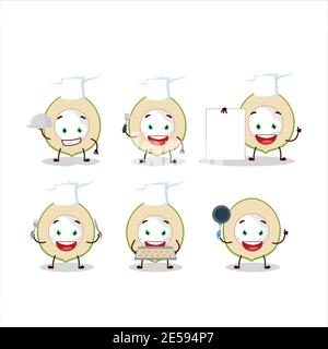 Carattere cartoon di fetta di cocco verde con varie emoticon chef. Illustrazione vettoriale Illustrazione Vettoriale