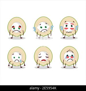 Fetta di verde di cocco cartoon carattere con triste espressione. Illustrazione vettoriale Illustrazione Vettoriale